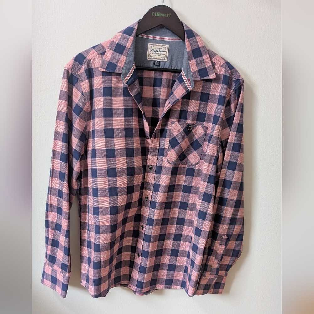Flag& Anthem Pink Blue Plaid Casual Button Down Men'Shirt Long Sleeves 100%Cotto